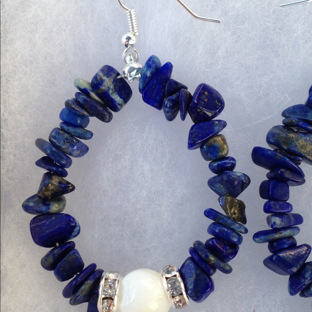 Blue Lapis Lazuli White Howlite Hoop Earrings - Picture 4 of 6